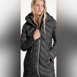 Michael Kors Black Puffer Coat with Chevron Quilting and Belted Waist